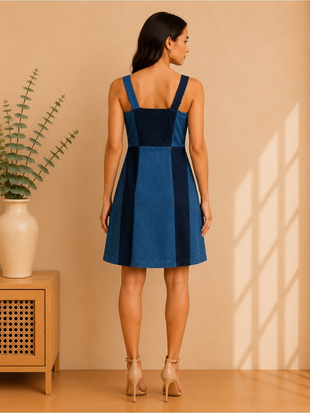 Derek Heart Colorblock Denim Mini Dress Medium Button Front Adjustable Straps - Picture 2 of 4